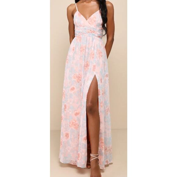 Lulu's Dresses & Skirts - LULU'S L Exceptional Sweetness Peach Floral Chiffon Pleated Maxi Dress NEW B27